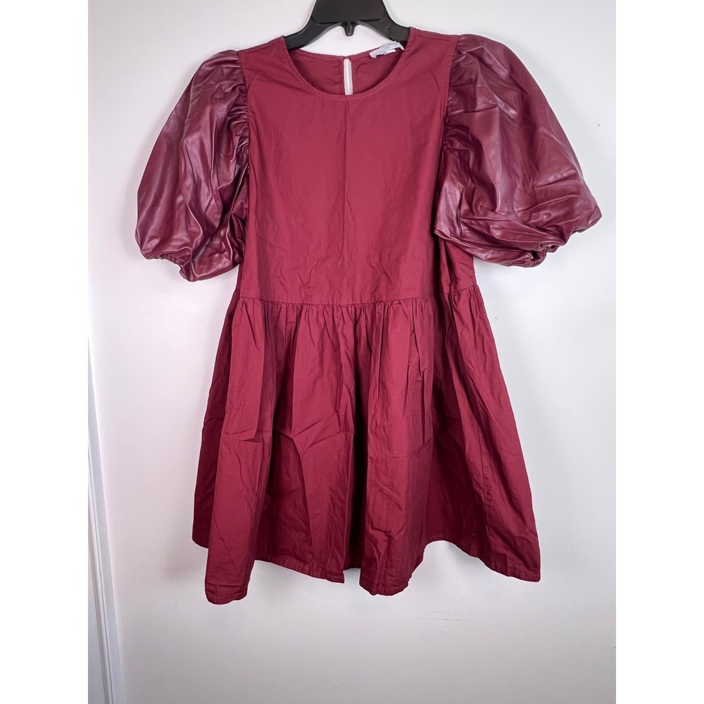 Mud Pie Ox Blood REN Leather Puff Sleeve Tiered Mini Dress Women's Size Medium